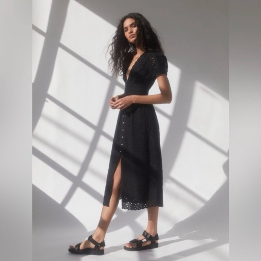 Atitzia Wilfred Jubilee Black Puff Sleeve Eyelet Button Down Midi Dress (Size 4) - Picture 2 of 7